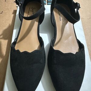 Seychelles Black Scalloped Pointed Ankle-Strap Flats